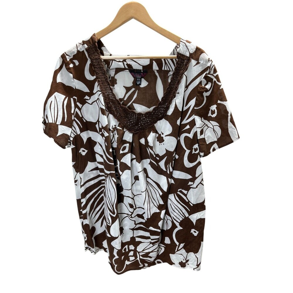 Deluxe LA Blues Top Women's Size 22 / 24 Brown White Floral
